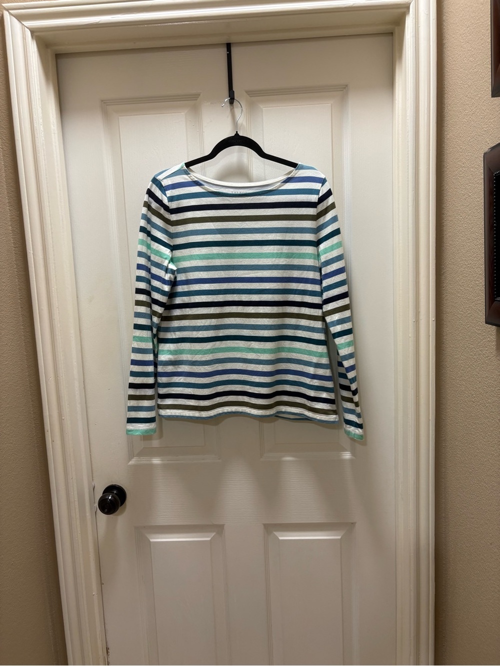 Talbots Size Med Long Sleeve Cotton Crew Neck Shirt with Blue and Green Stripes